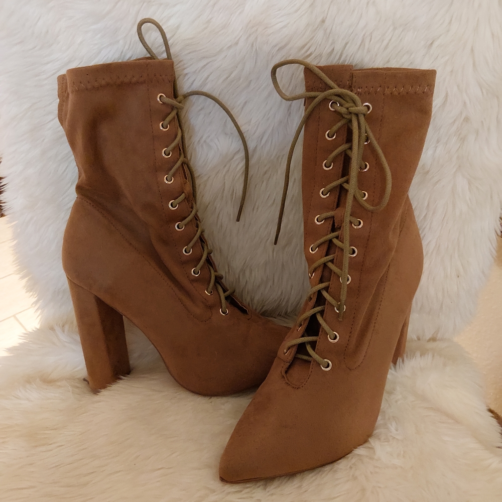 SHEIN Tan Lace-Up High Heel Boots